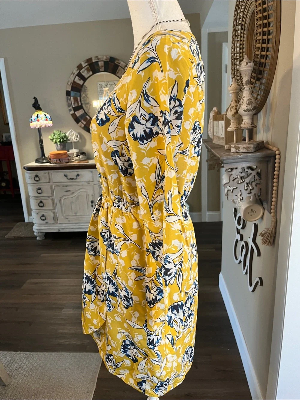 J. Crew Yellow Floral Mini Dress with Blue-White Blooms